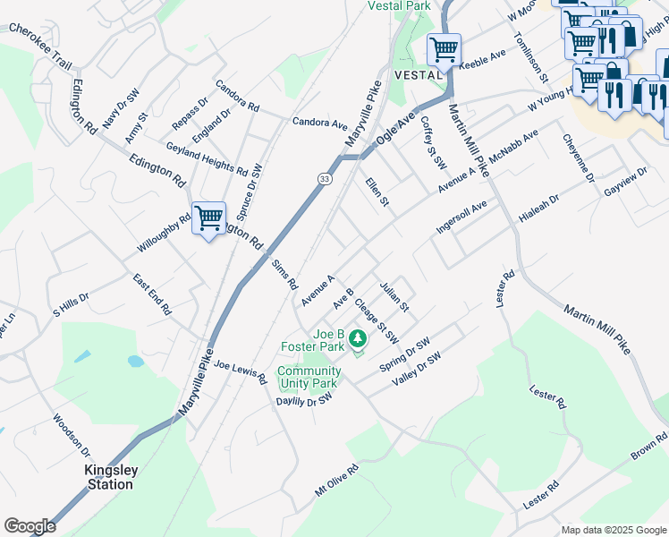 map of restaurants, bars, coffee shops, grocery stores, and more near 945 Avenue A in Knoxville