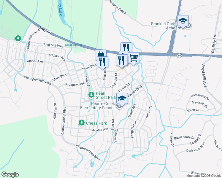 map of restaurants, bars, coffee shops, grocery stores, and more near 1201 Eliot Road in Franklin