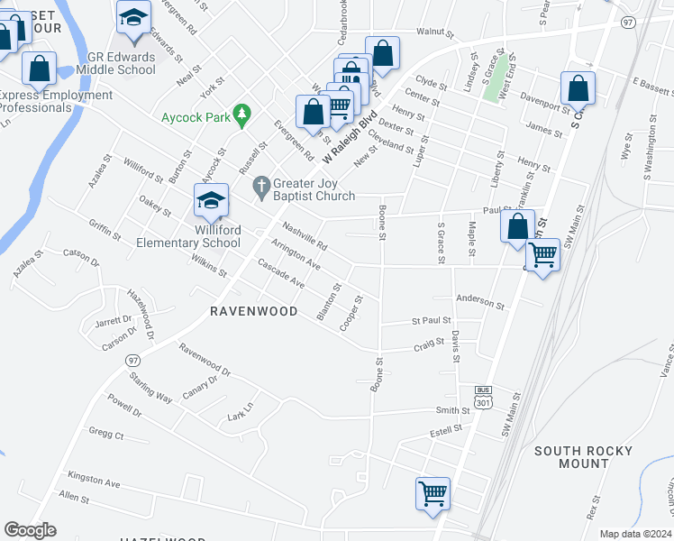 map of restaurants, bars, coffee shops, grocery stores, and more near 510 Arrington Avenue in Rocky Mount