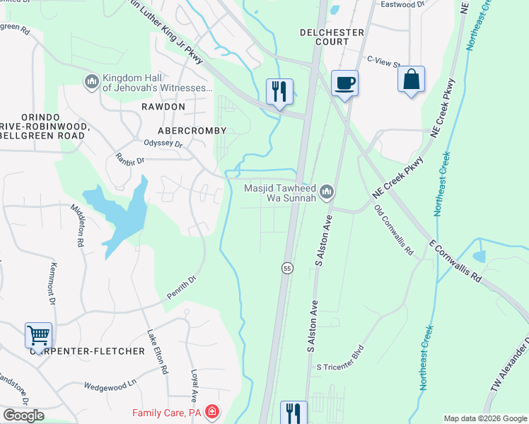 map of restaurants, bars, coffee shops, grocery stores, and more near 3500 Apex Highway in Durham