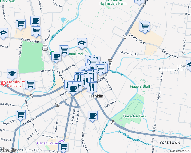 map of restaurants, bars, coffee shops, grocery stores, and more near 130 2nd Avenue North in Franklin