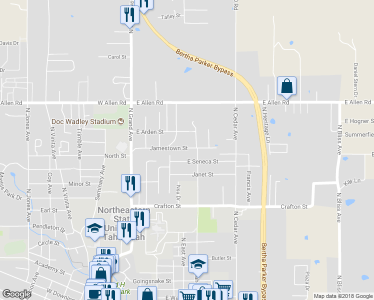 map of restaurants, bars, coffee shops, grocery stores, and more near 412 Jamestown Street in Tahlequah