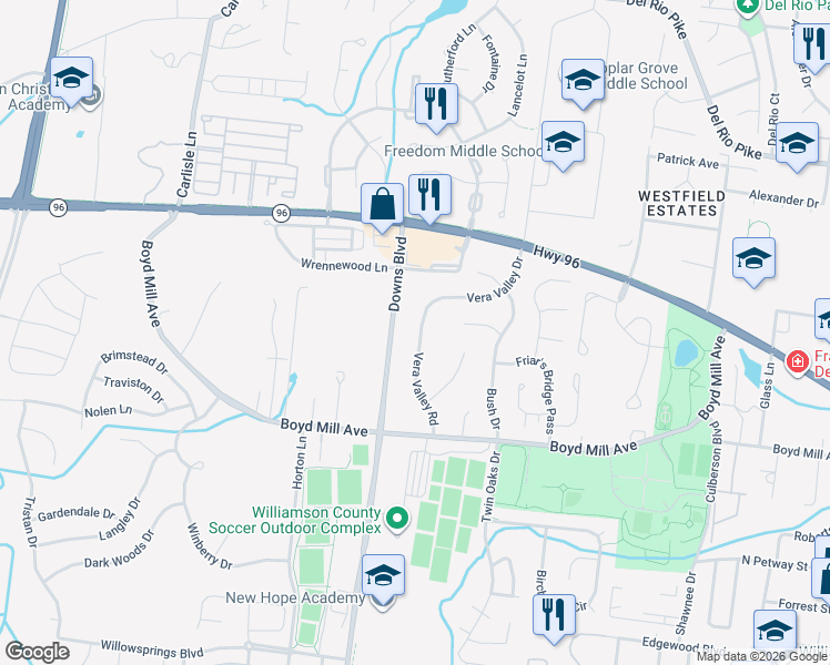 map of restaurants, bars, coffee shops, grocery stores, and more near 3139 Vera Valley Drive in Franklin