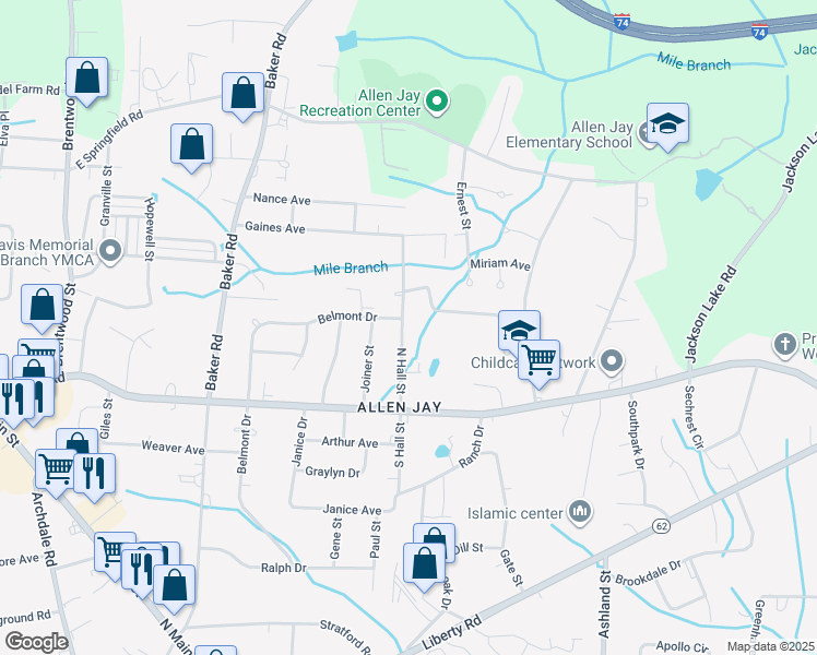 map of restaurants, bars, coffee shops, grocery stores, and more near 198 North Hall Street in High Point