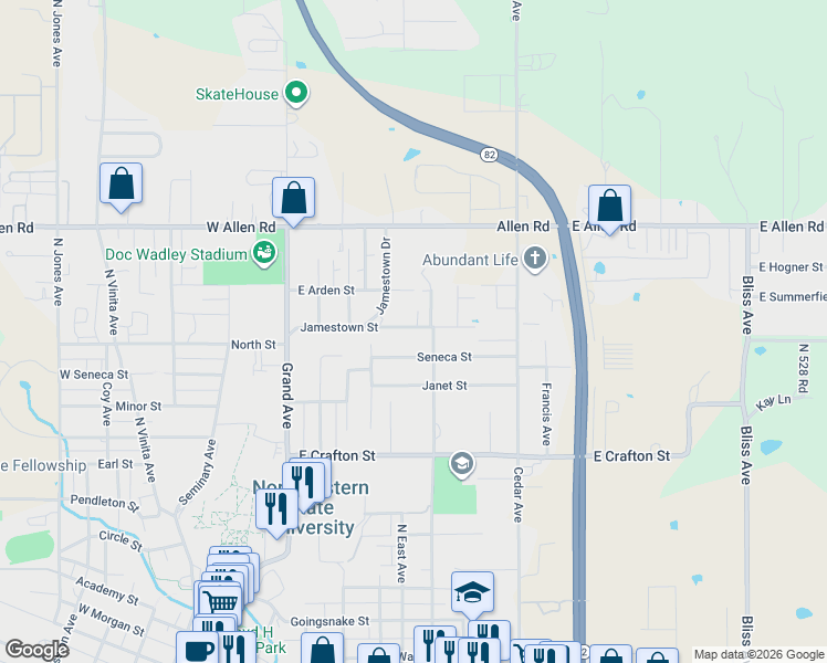 map of restaurants, bars, coffee shops, grocery stores, and more near 414 Jamestown Street in Tahlequah