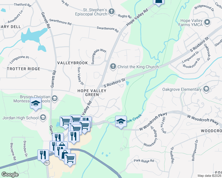 map of restaurants, bars, coffee shops, grocery stores, and more near 5515 South Roxboro Street in Durham