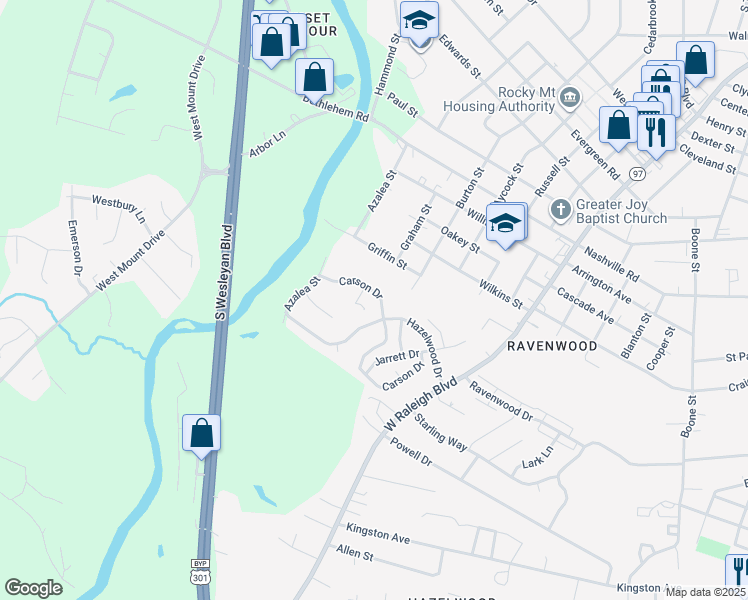 map of restaurants, bars, coffee shops, grocery stores, and more near 108 Carson Drive in Rocky Mount