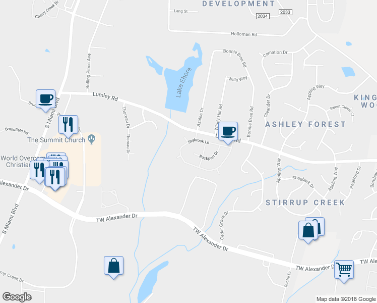 map of restaurants, bars, coffee shops, grocery stores, and more near 4701 Rockport Drive in Durham