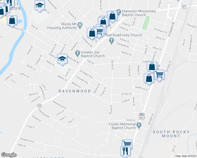 map of restaurants, bars, coffee shops, grocery stores, and more near 514 Arrington Avenue in Rocky Mount