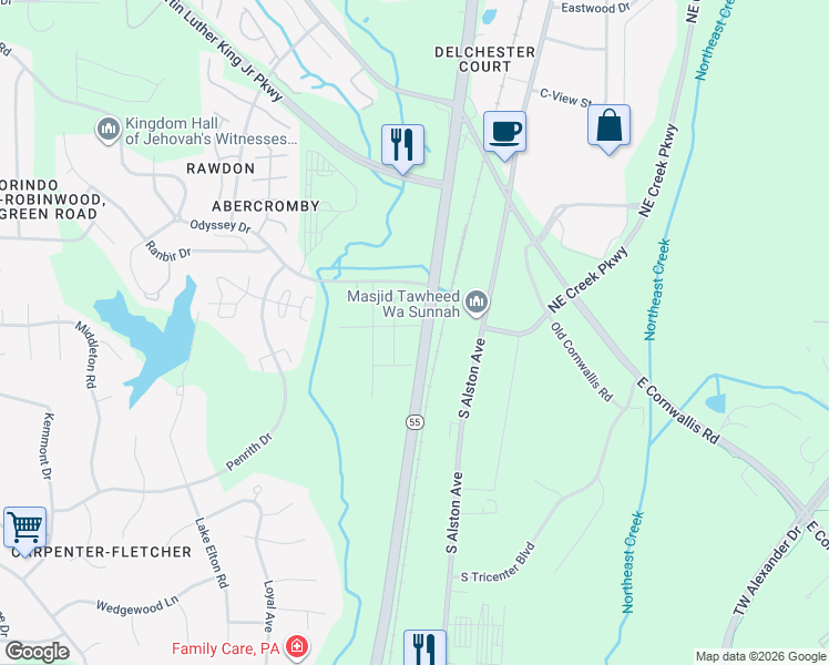 map of restaurants, bars, coffee shops, grocery stores, and more near 3600-3614 Apex Highway in Durham