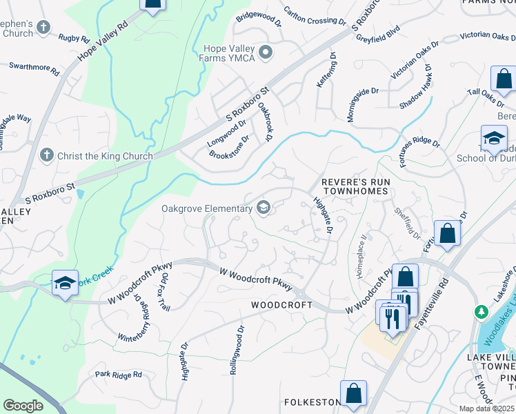 map of restaurants, bars, coffee shops, grocery stores, and more near 3700 Chimney Ridge Place in Durham