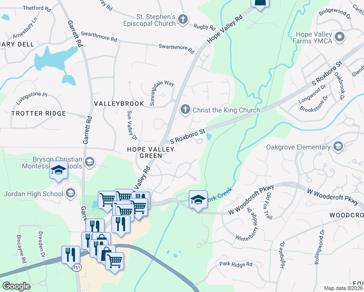 map of restaurants, bars, coffee shops, grocery stores, and more near 5515 South Roxboro Street in Durham