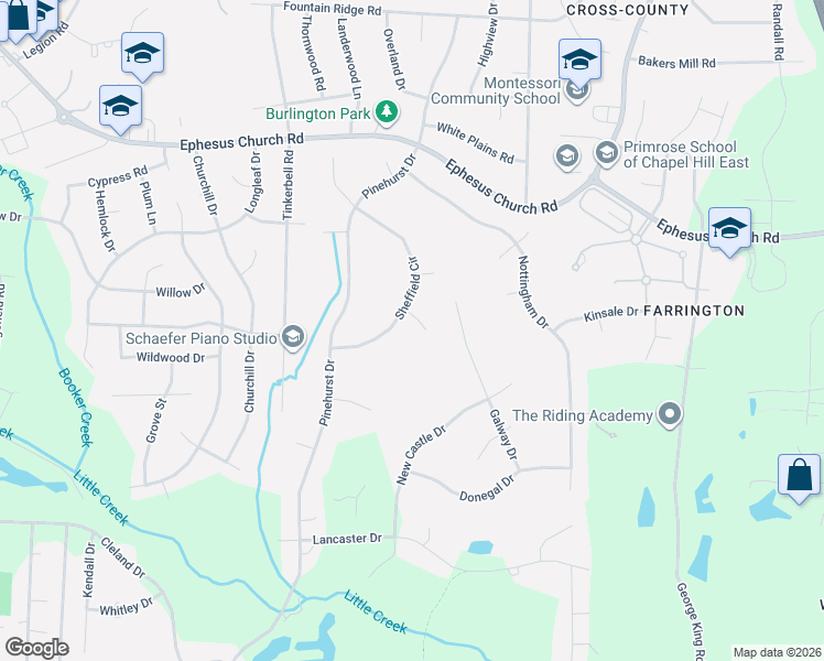 map of restaurants, bars, coffee shops, grocery stores, and more near 104 Waterford Place in Chapel Hill