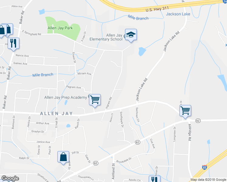 map of restaurants, bars, coffee shops, grocery stores, and more near 2714 Ingram Road in High Point