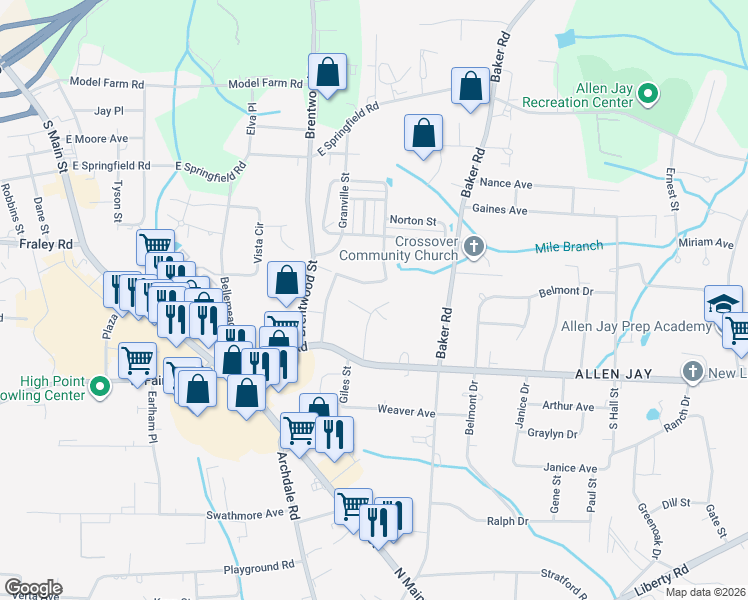map of restaurants, bars, coffee shops, grocery stores, and more near 203 Thomas Street in Archdale
