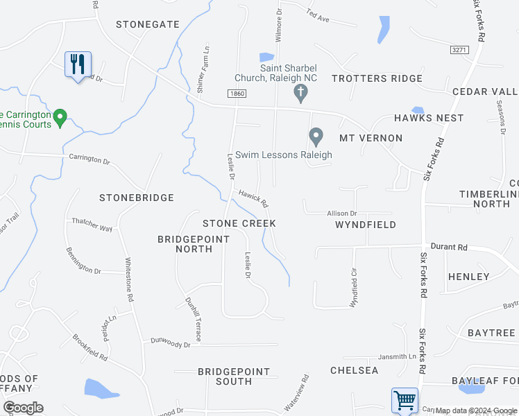 map of restaurants, bars, coffee shops, grocery stores, and more near 621 Hawick Road in Raleigh