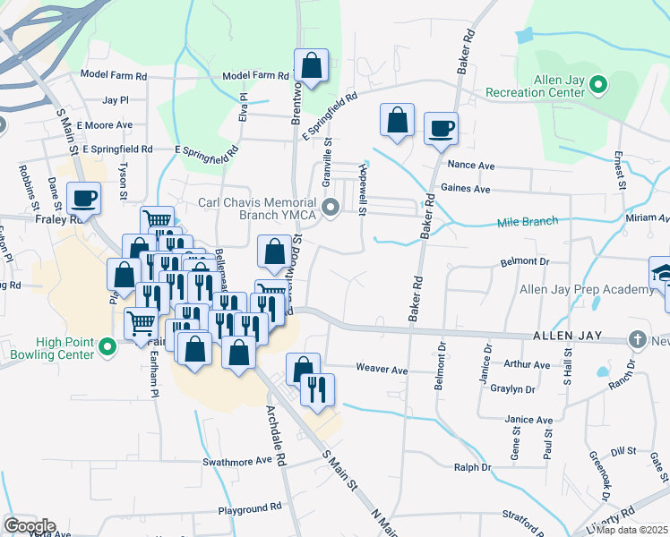 map of restaurants, bars, coffee shops, grocery stores, and more near 135 Thomas Street in Archdale