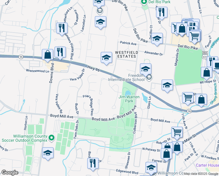 map of restaurants, bars, coffee shops, grocery stores, and more near 1107 Clairmonte Drive in Franklin