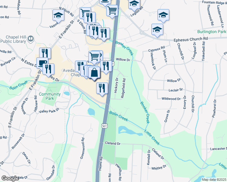 map of restaurants, bars, coffee shops, grocery stores, and more near 420 Hickory Drive in Chapel Hill