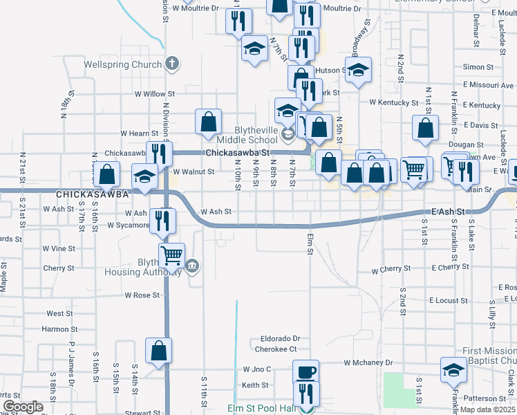 map of restaurants, bars, coffee shops, grocery stores, and more near 818 West Ash Street in Blytheville