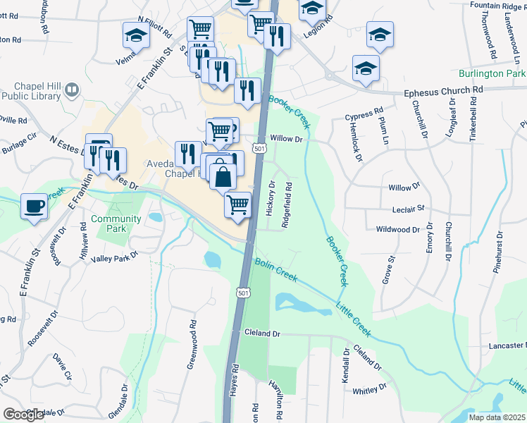 map of restaurants, bars, coffee shops, grocery stores, and more near 420 Hickory Drive in Chapel Hill