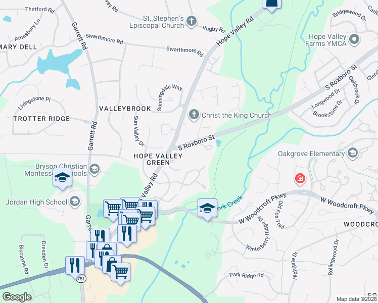 map of restaurants, bars, coffee shops, grocery stores, and more near 5515 South Roxboro Street in Durham