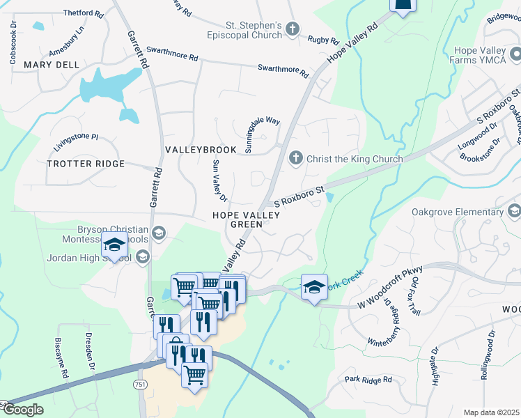 map of restaurants, bars, coffee shops, grocery stores, and more near 4500 Hope Valley Road in Durham