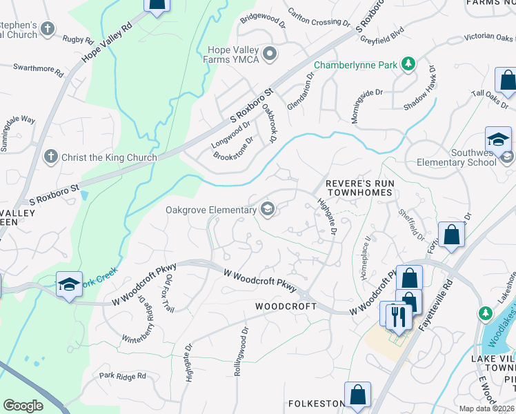 map of restaurants, bars, coffee shops, grocery stores, and more near 3700 Chimney Ridge Place in Durham