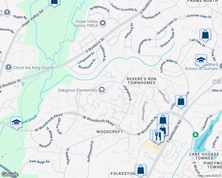 map of restaurants, bars, coffee shops, grocery stores, and more near 3804 Chimney Ridge Place in Durham