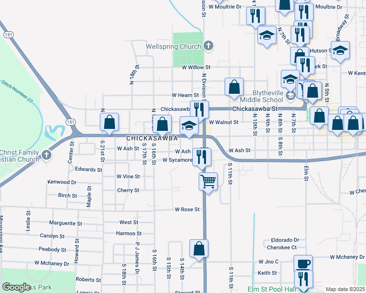 map of restaurants, bars, coffee shops, grocery stores, and more near 1314 West Ash Street in Blytheville
