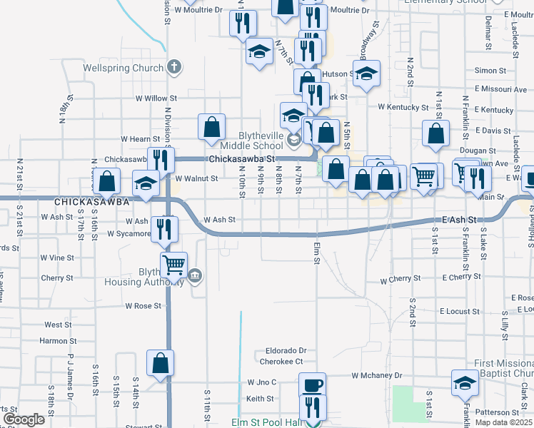 map of restaurants, bars, coffee shops, grocery stores, and more near 818 West Ash Street in Blytheville