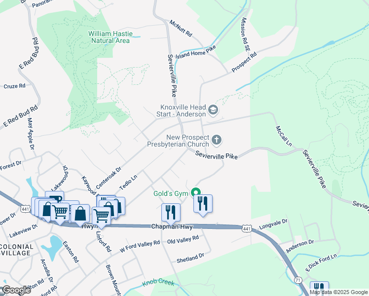 map of restaurants, bars, coffee shops, grocery stores, and more near 809 Lindy Drive in Knoxville