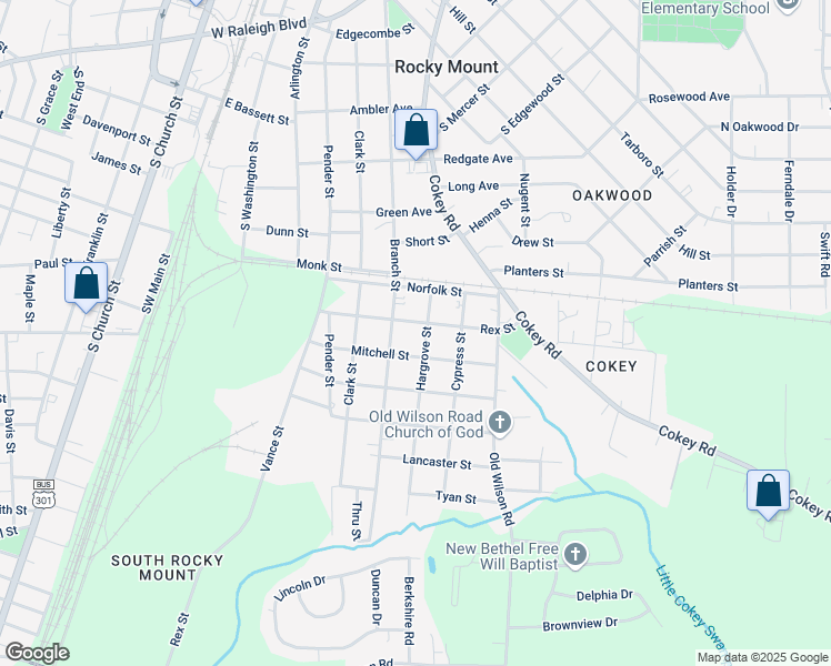 map of restaurants, bars, coffee shops, grocery stores, and more near 1214 Hargrove Street in Rocky Mount