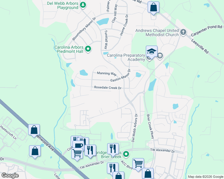 map of restaurants, bars, coffee shops, grocery stores, and more near 125 Rosedale Creek Drive in Durham