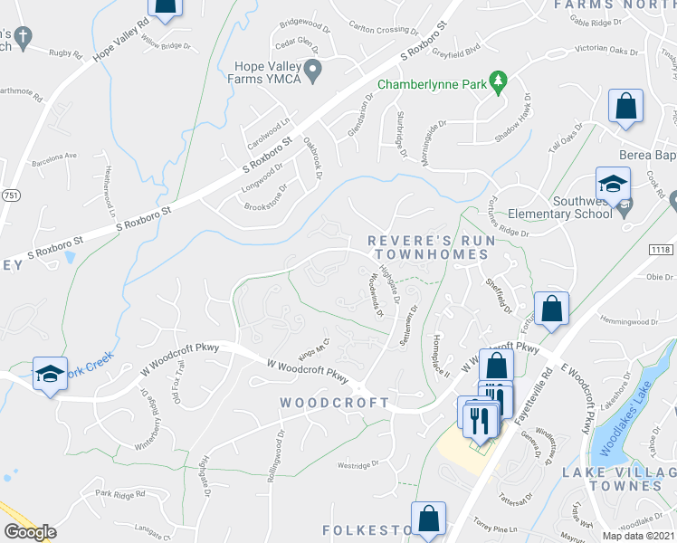 map of restaurants, bars, coffee shops, grocery stores, and more near 3706 Chimney Ridge Place in Durham