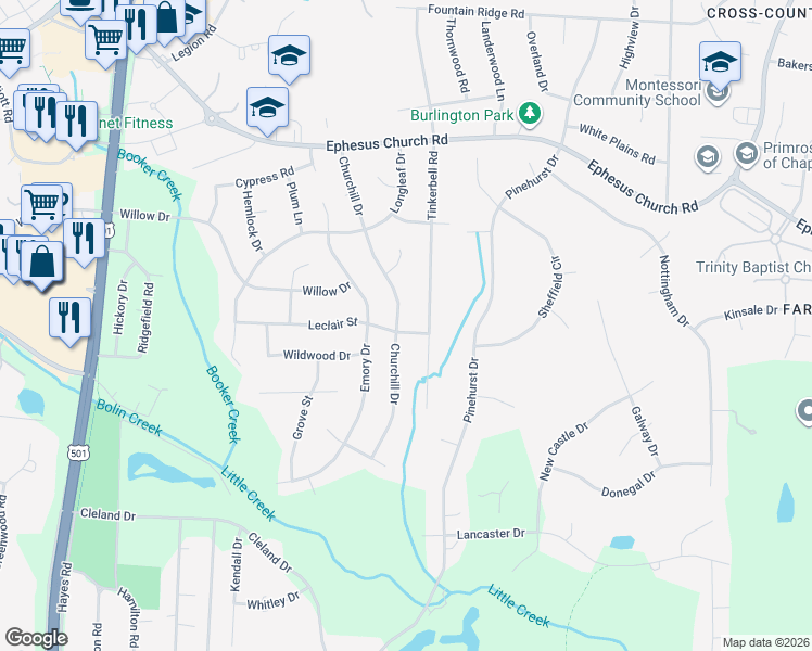 map of restaurants, bars, coffee shops, grocery stores, and more near 801 Churchill Drive in Chapel Hill