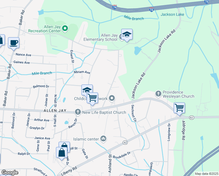 map of restaurants, bars, coffee shops, grocery stores, and more near 2714 Ingram Road in High Point