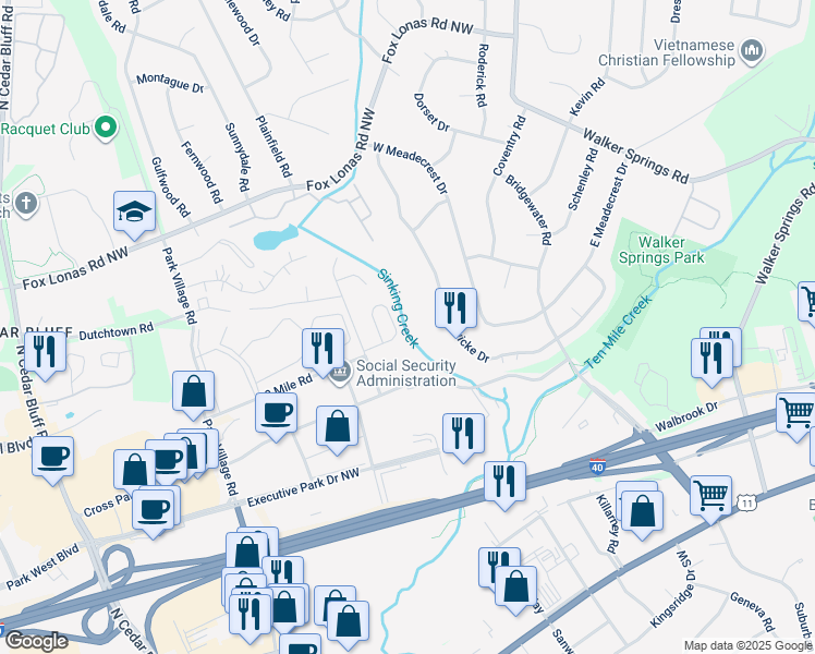 map of restaurants, bars, coffee shops, grocery stores, and more near 451 Eagle Brook Drive in Knoxville