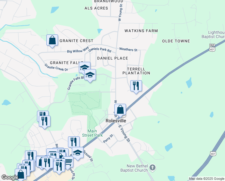 map of restaurants, bars, coffee shops, grocery stores, and more near 129 West Young Street in Rolesville