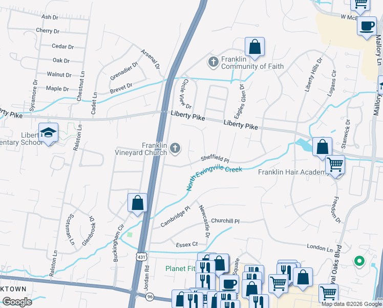 map of restaurants, bars, coffee shops, grocery stores, and more near 209 Dover Place in Franklin