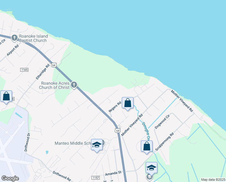 map of restaurants, bars, coffee shops, grocery stores, and more near 133 Twyne Lane in Manteo