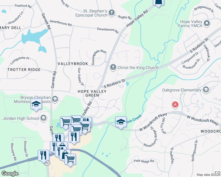 map of restaurants, bars, coffee shops, grocery stores, and more near 5515 South Roxboro Street in Durham
