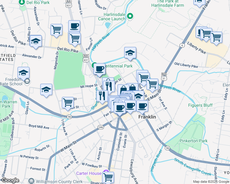 map of restaurants, bars, coffee shops, grocery stores, and more near 221 4th Avenue North in Franklin