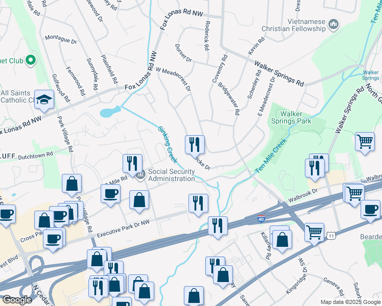 map of restaurants, bars, coffee shops, grocery stores, and more near 505 Hardwicke Drive in Knoxville