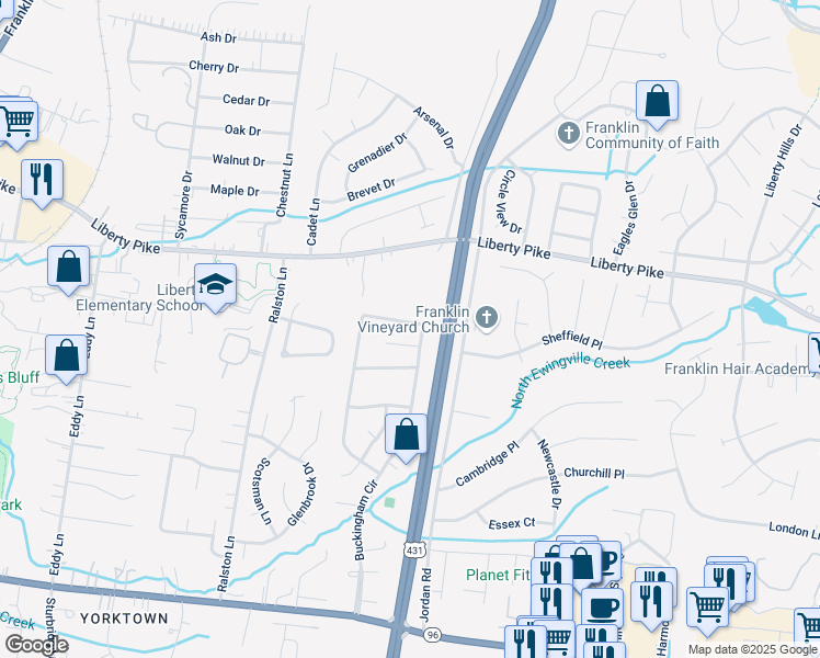 map of restaurants, bars, coffee shops, grocery stores, and more near 520 Prince of Wales Court in Franklin