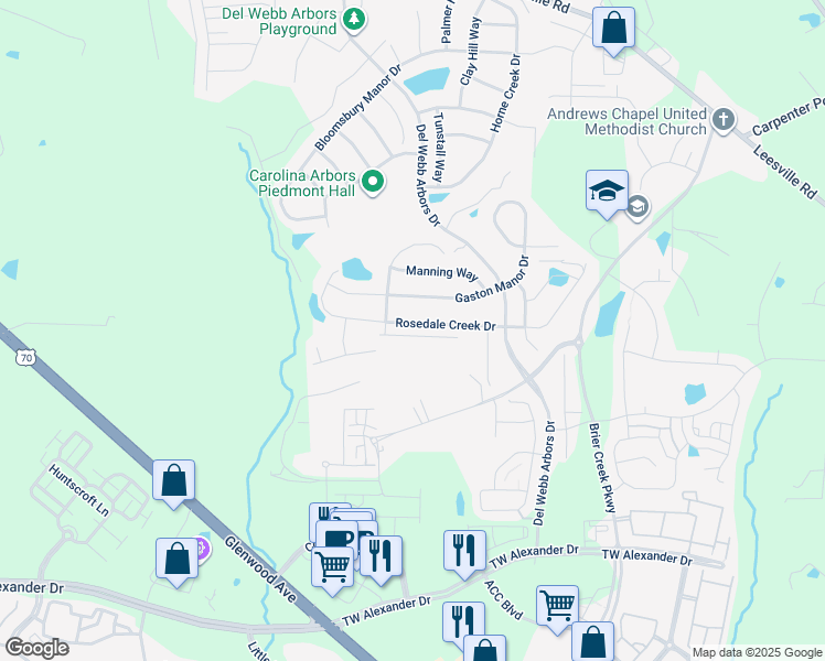 map of restaurants, bars, coffee shops, grocery stores, and more near 143 Rosedale Creek Drive in Durham