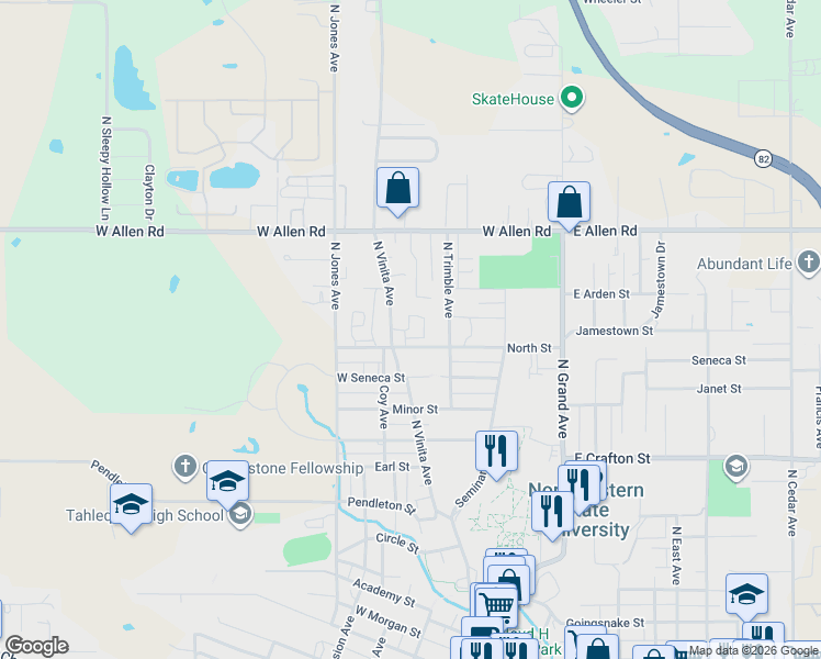 map of restaurants, bars, coffee shops, grocery stores, and more near 310 North Street in Tahlequah