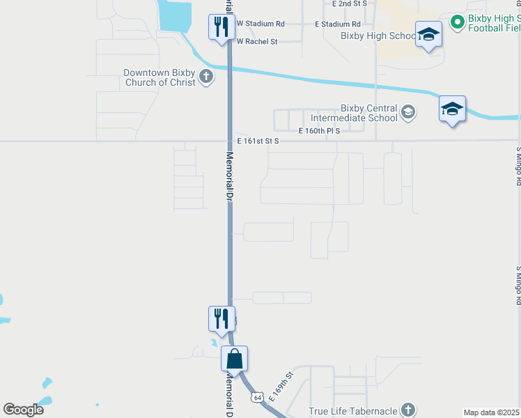 map of restaurants, bars, coffee shops, grocery stores, and more near 8219 East 164th Street South in Bixby