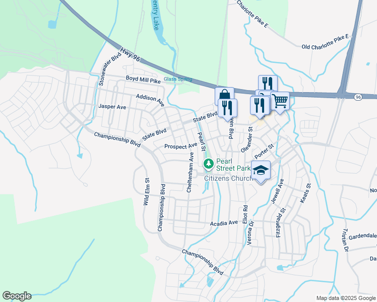 map of restaurants, bars, coffee shops, grocery stores, and more near 201 Prospect Avenue in Franklin