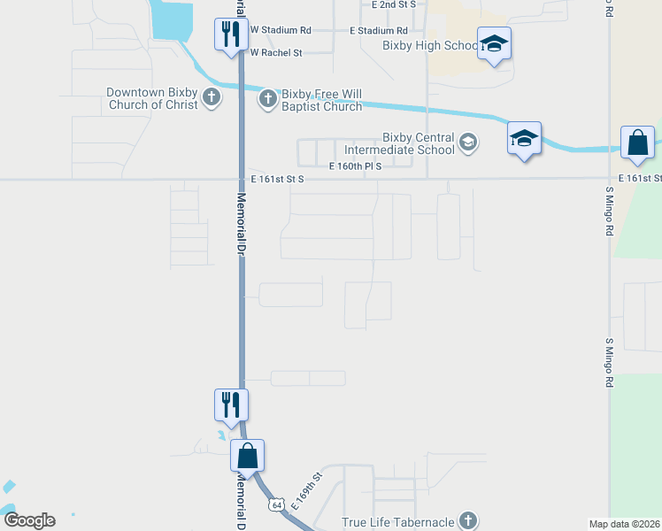 map of restaurants, bars, coffee shops, grocery stores, and more near 8319 East 164th Street South in Bixby